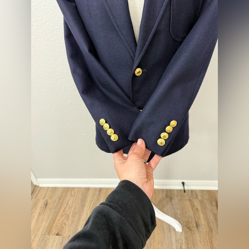 Vintage 90s Ralph Lauren Navy Wool Blazer Gold Crest Buttons Made in USA Size S - Picture 6 of 15